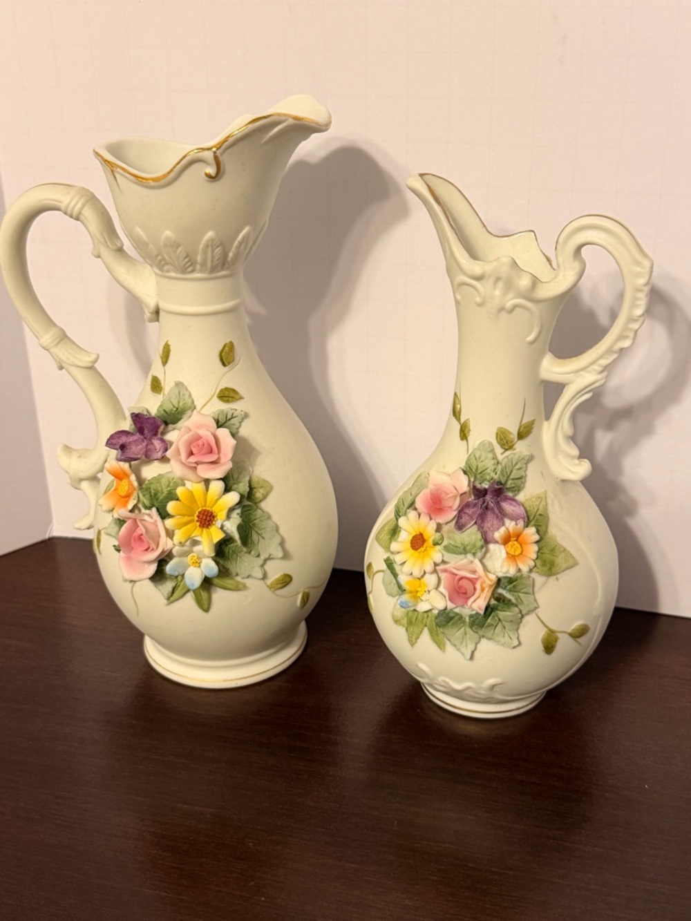 Cream Ceramic Decorative Pitchers - Pair